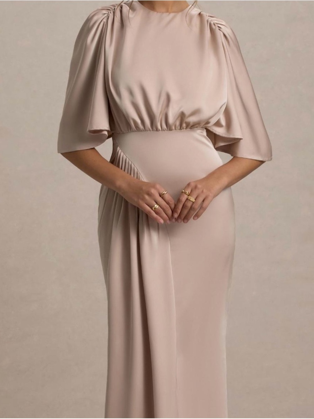 Cinder Champagne Satin Gathered Maxi Dress